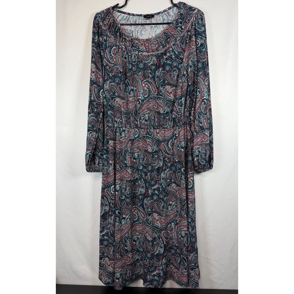 Talbots Womens Teal Pink Paisley Long Sleeve Elastic Waist Midi Dress Size M